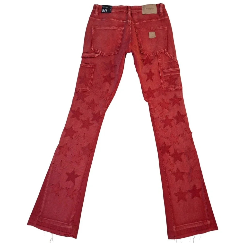 Valabasas V-Star Red Wash Distressed Star Patchwork Flare Jeans Mens 29 NEW